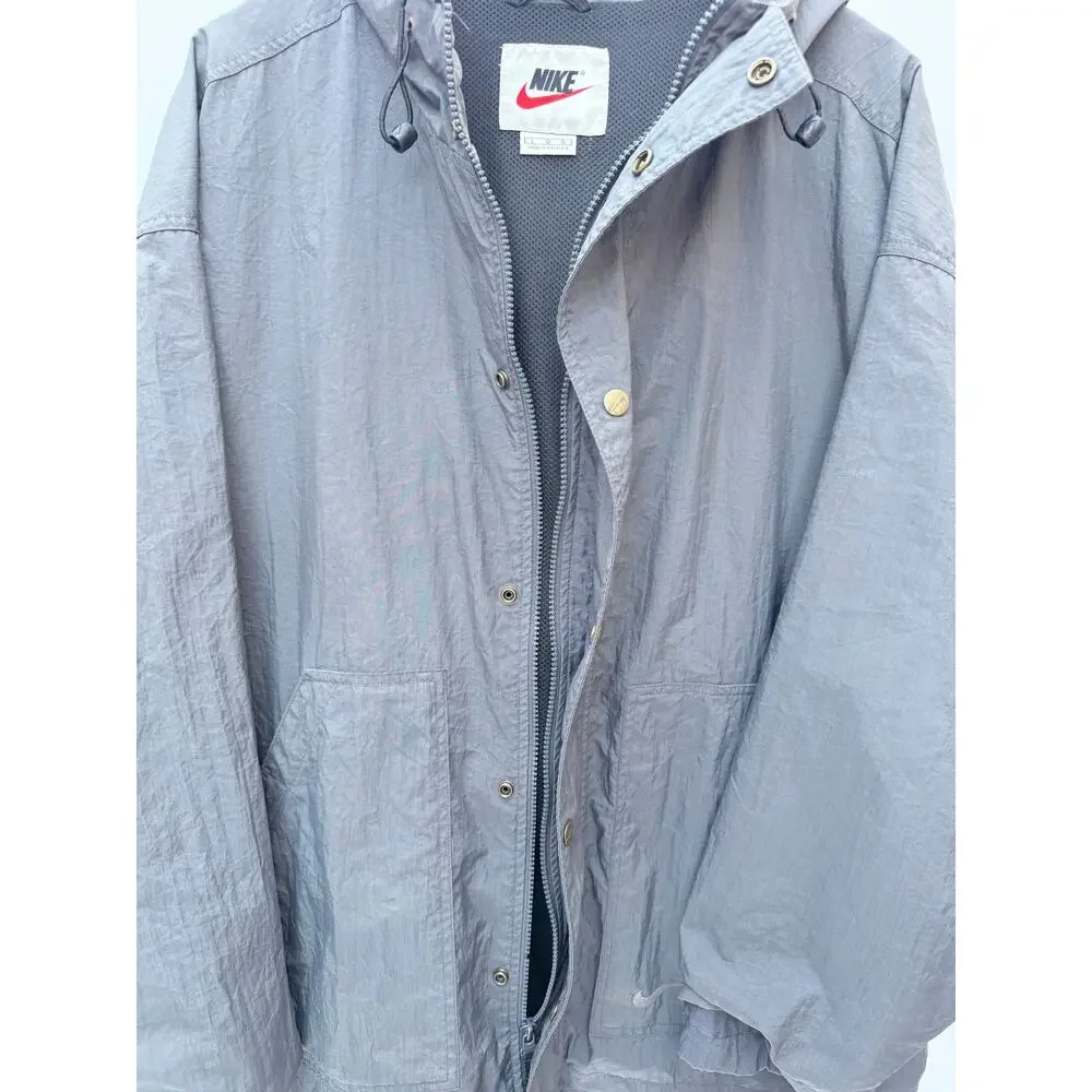 Nike Mens Vintage Hooded Jacket Gray Snap Front Swoosh Windbreaker Large